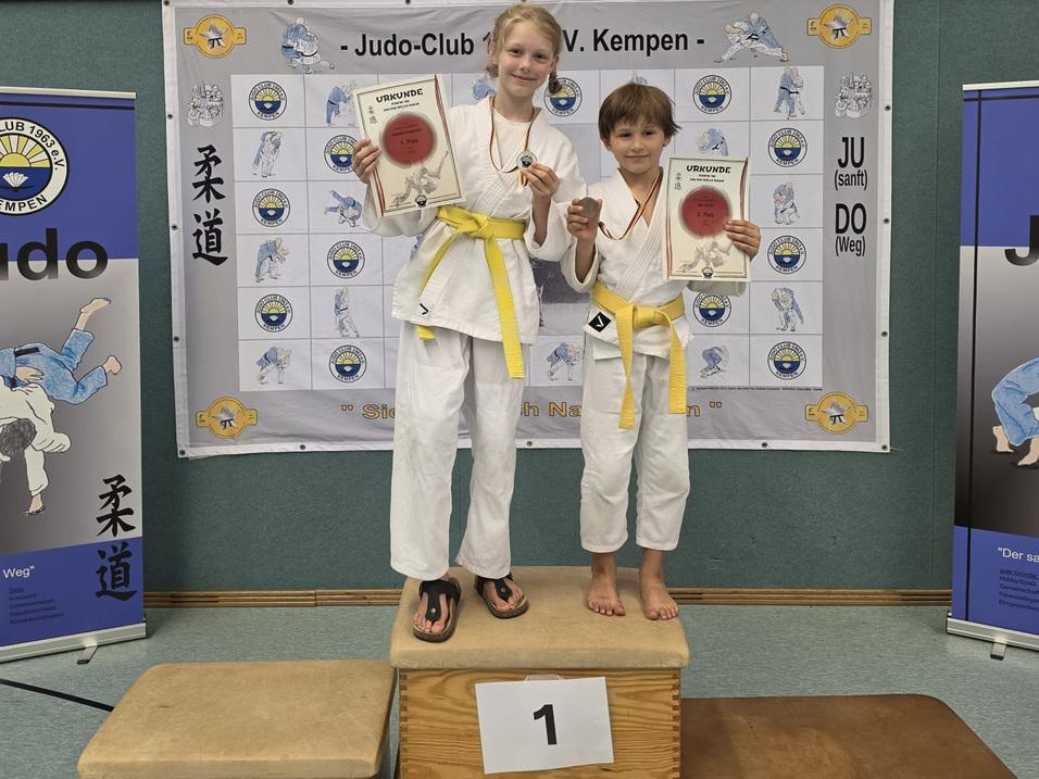 Die Kinder der Judoabteilung stehen auf der obersten Stufe des Siegerpodestes und posieren mit ihren Urkunden
